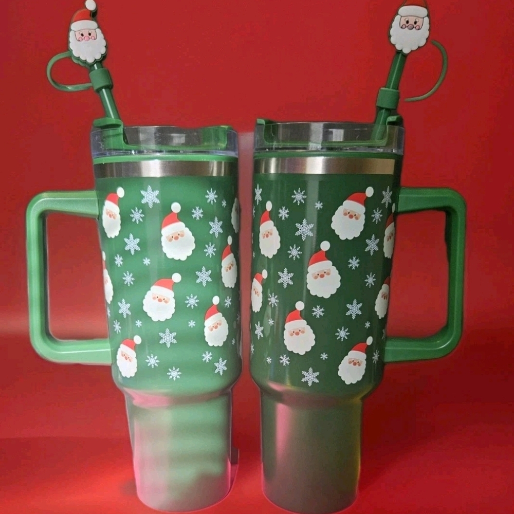 2X Christmas Santa Claus Stainless Steel 40oz Tumblers w/ Straw *** NEW